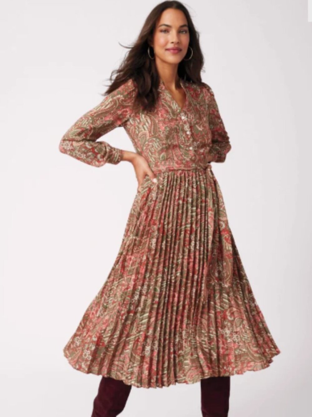 UNTUCKit Arabella Rust & Olive Paisley Pleated Long-Sleeve Midi Dress Size 4